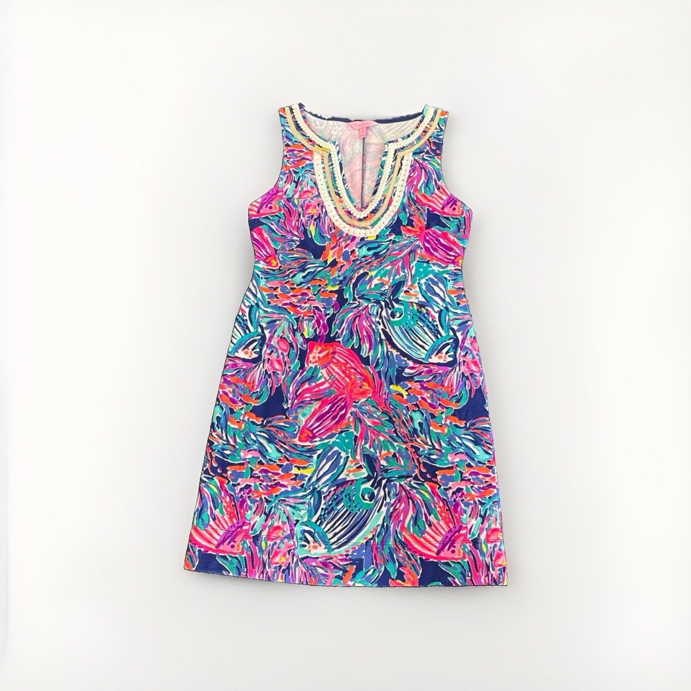 Lilly Pulitzer Harper Dress XS Navy Pink Fish Print French Terry Embellished